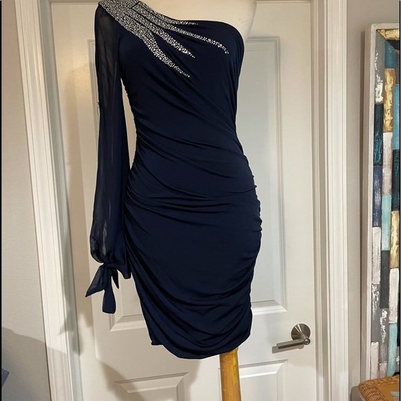 Jodi Kristopher Crystal Embellished Navy Blue Ruched One Sleeve Cocktail… - Picture 1 of 6